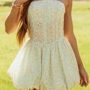 THE VINTAGE SHOP EYELET BUBBLE HEM CORSET TOP PALE SAGE PINK FLORAL DRESS SMALL